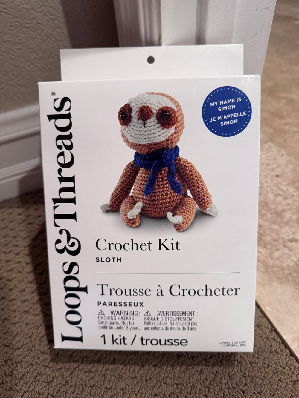 Loops & Threads Crochet Kit - Brown Sloth with Blue Scarf